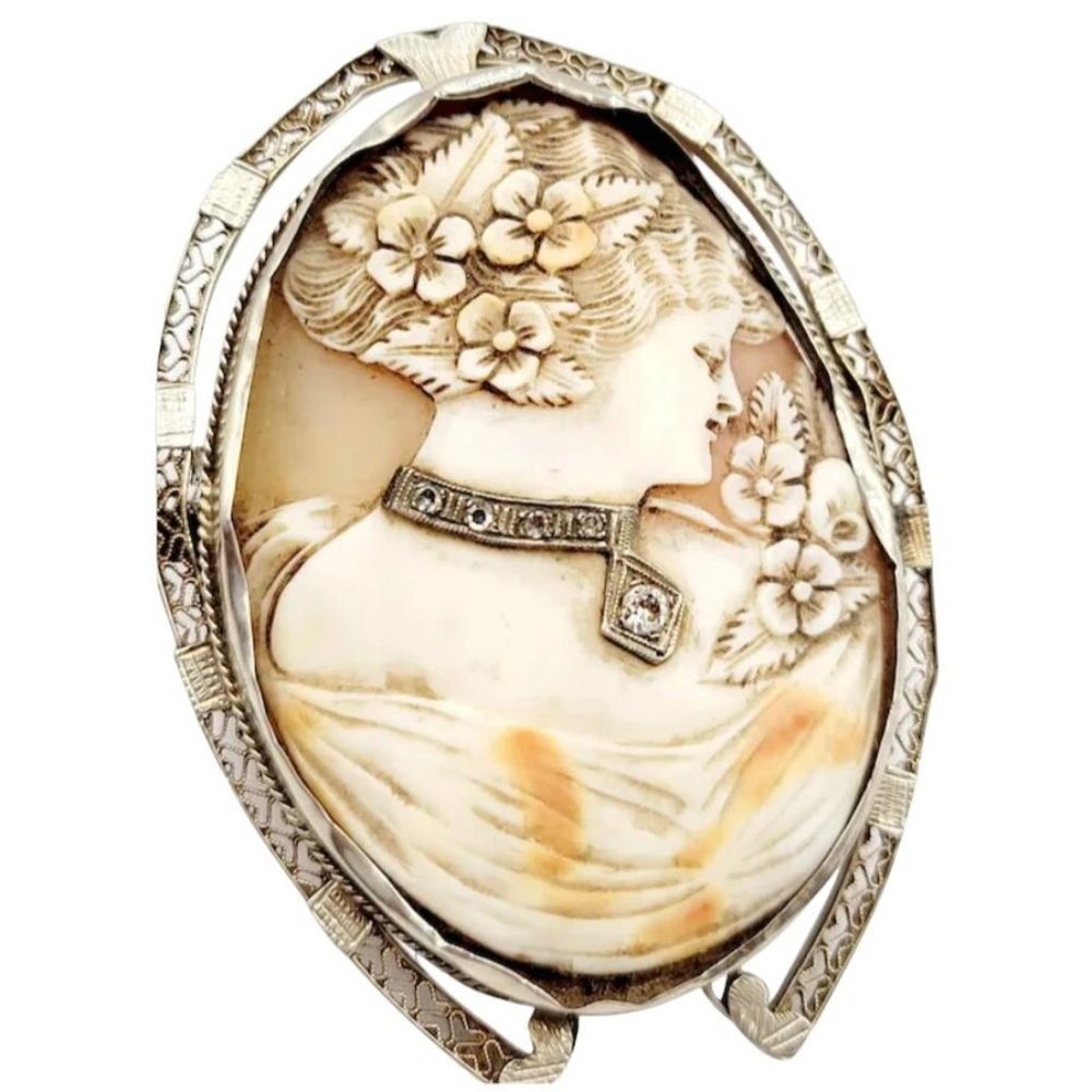 14kt White gold stunning Cameo w/ Diamond Collar Filigree Horseshoe Bezel A2632